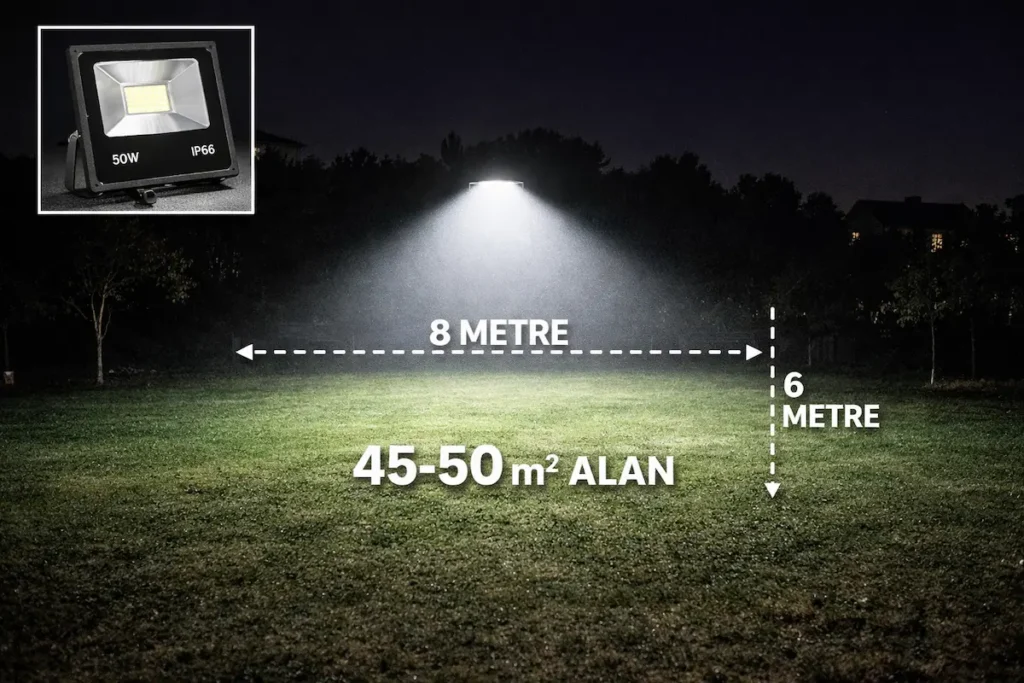 50 w led projektörün alan aydınlatması
